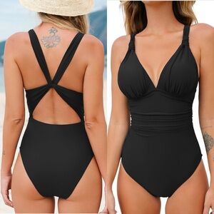 One Piece Swimsuit Deep V Neck Tummy Control Ruched V Back Classic Bathing suits